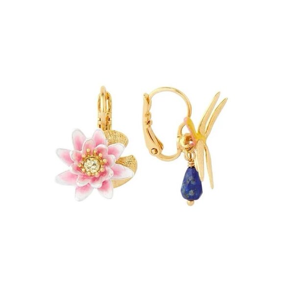 LES NEREIDES Anthropologie  DRAGONFLY AND WATER LILY ASYMMETRICAL SLEEPER EARRIN - Picture 1 of 3
